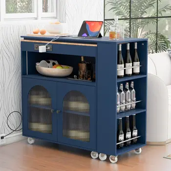 33" Navy Blue Wood Rolling Kitchen Island With Storage
