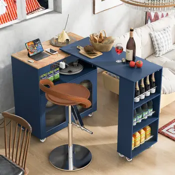 33" Navy Blue Wood Rolling Kitchen Island With Storage