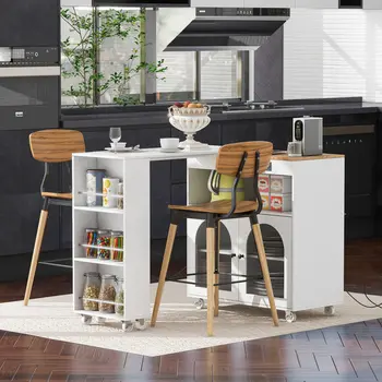 33" White Wood Rolling Kitchen Island With Storage