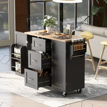 50" Black Wood Rolling Kitchen Island