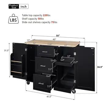 50" Black Wood Rolling Kitchen Island