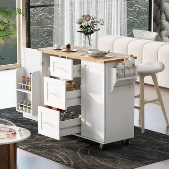 50" White Wood Rolling Kitchen Island