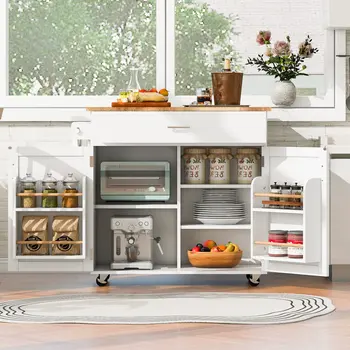 39" White Wood Rolling Kitchen Island