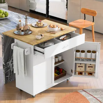 39" White Wood Rolling Kitchen Island