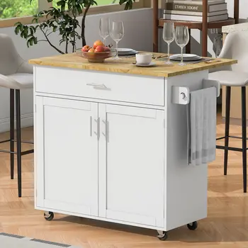 39" White Wood Rolling Kitchen Island