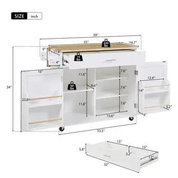 39" White Wood Rolling Kitchen Island