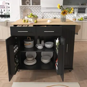 46" Black Wood Rolling Kitchen Island With Storage