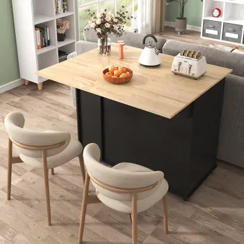 46" Black Wood Rolling Kitchen Island With Storage