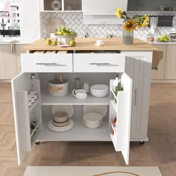 46" White Wood Rolling Kitchen Island With Storage