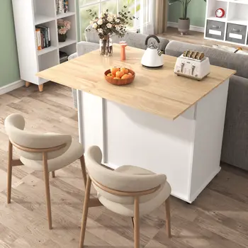 46" White Wood Rolling Kitchen Island With Storage