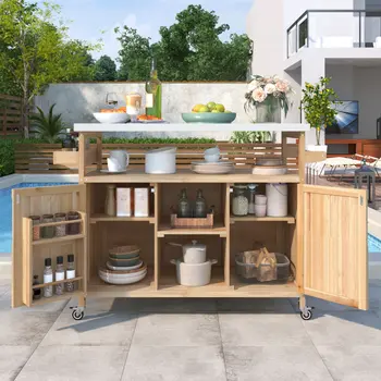 50" Natural Wood Rolling Kitchen Island With Storage