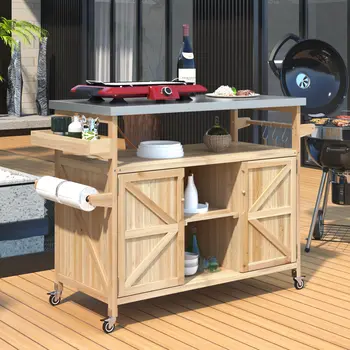 50" Natural Wood Rolling Kitchen Island With Storage