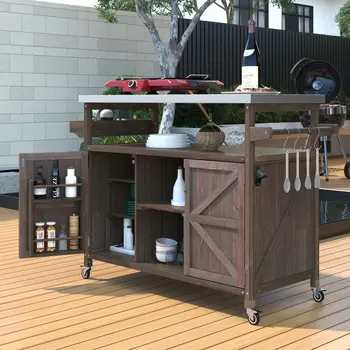 50" Brown Wood Rolling Kitchen Island With Storage