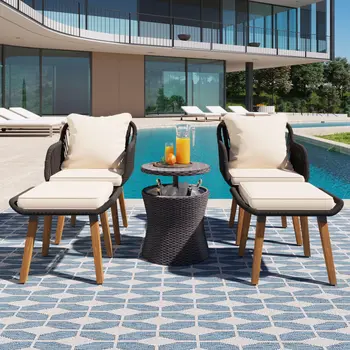 Five Piece Gray and Beige Wicker Upholstered Cushions Two Person Seating Group With Table