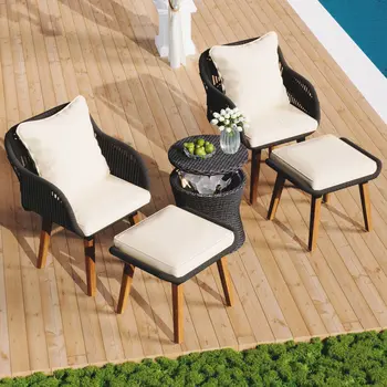 Five Piece Gray and Beige Wicker Upholstered Cushions Two Person Seating Group With Table