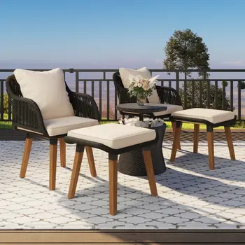 Five Piece Gray and Beige Wicker Upholstered Cushions Two Person Seating Group With Table