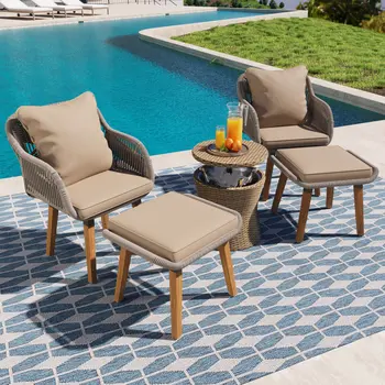 Five Piece Brown Wicker Upholstered Cushions Two Person Seating Group With Table