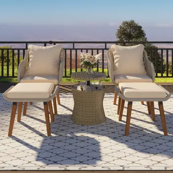 Five Piece Brown Wicker Upholstered Cushions Two Person Seating Group With Table