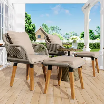 Five Piece Brown Wicker Upholstered Cushions Two Person Seating Group With Table