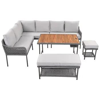 Six Piece Light Gray Wicker Upholstered Cushions Sofa Seating Group With Table