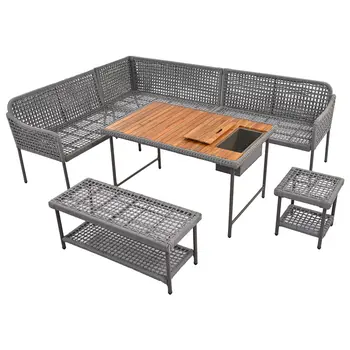 Six Piece Light Gray Wicker Upholstered Cushions Sofa Seating Group With Table