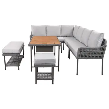 Six Piece Light Gray Wicker Upholstered Cushions Sofa Seating Group With Table