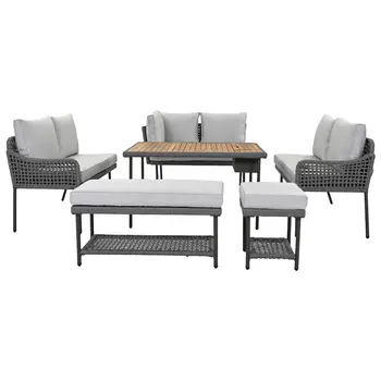 Six Piece Light Gray Wicker Upholstered Cushions Sofa Seating Group With Table