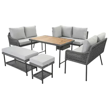 Six Piece Light Gray Wicker Upholstered Cushions Sofa Seating Group With Table