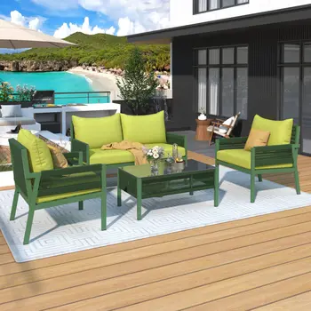 Four Piece Amazon Green and Light Gray Wicker Upholstered Cushions Sofa Seating Group With Table