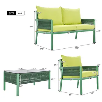 Four Piece Amazon Green and Light Gray Wicker Upholstered Cushions Sofa Seating Group With Table