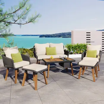 Four Piece Gray and Beige Wicker Upholstered Cushions Sofa Seating Group With Table