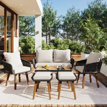 Four Piece Gray and Beige Wicker Upholstered Cushions Sofa Seating Group With Table