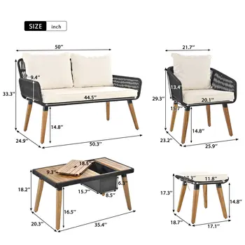 Four Piece Gray and Beige Wicker Upholstered Cushions Sofa Seating Group With Table