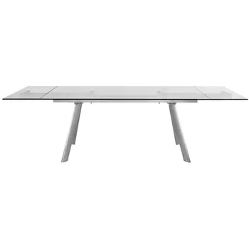 103" Clear and Blush Glass and Steel Self-Storing Leaf Dining Table