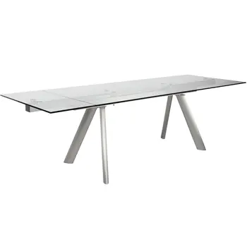 103" Clear and Blush Glass and Steel Self-Storing Leaf Dining Table