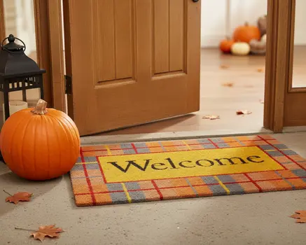 17" X 29" Gray Orange And Yellow Fall Plaid Welcome Outdoor Coir Door Mat