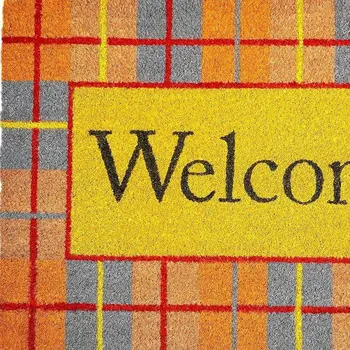 24" X 36" Gray Orange And Yellow Fall Plaid Welcome Outdoor Coir Door Mat