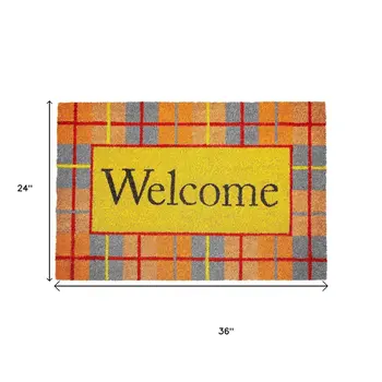 24" X 36" Gray Orange And Yellow Fall Plaid Welcome Outdoor Coir Door Mat