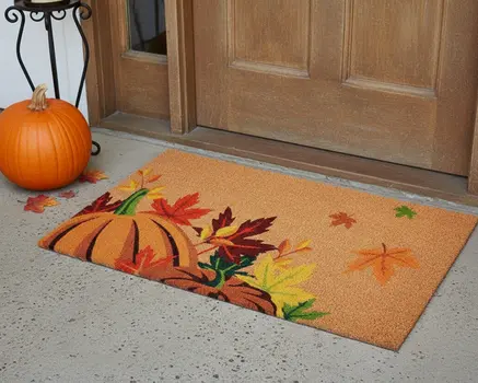 24" X 36" Brown And Natural Fall Pumpkins and Leaves Outdoor Coir Door Mat