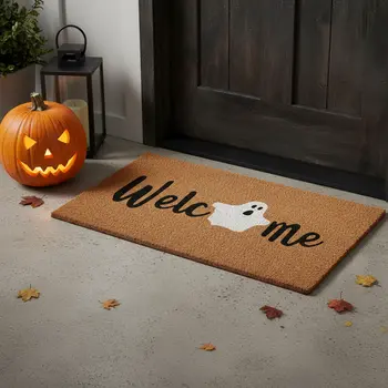24" X 36" Black Natural And White Halloween Halloween Welcome Outdoor Coir Door Mat