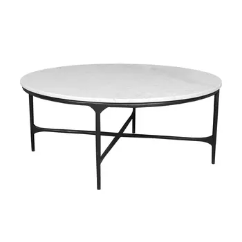 37" White and Black Genuine Marble and Iron Round Coffee Table