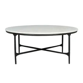 37" White and Black Genuine Marble and Iron Round Coffee Table