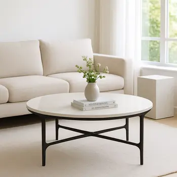 37" White and Black Genuine Marble and Iron Round Coffee Table