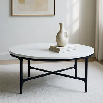 37" White and Black Genuine Marble and Iron Round Coffee Table
