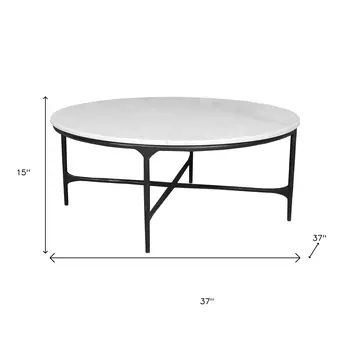 37" White and Black Genuine Marble and Iron Round Coffee Table