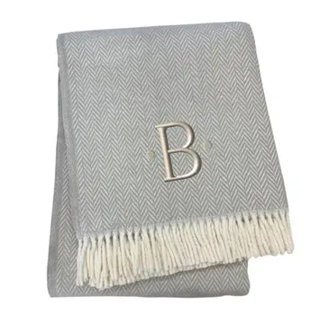 55" X 70" Gray And White Herringbone Cotton Blend B Initial Throw Blanket with Tassels And Embroidery