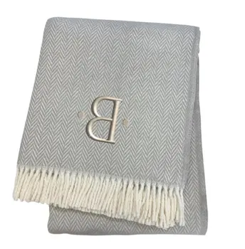 55" X 70" Gray And White Herringbone Cotton Blend B Initial Throw Blanket with Tassels And Embroidery