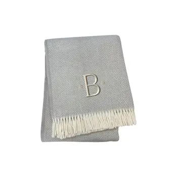 55" X 70" Gray And White Herringbone Cotton Blend B Initial Throw Blanket with Tassels And Embroidery