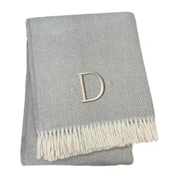 55" X 70" Gray And White Herringbone Cotton Blend D Initial Throw Blanket with Tassels And Embroidery