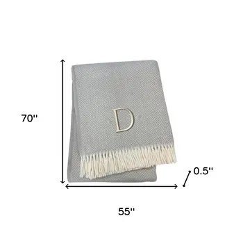 55" X 70" Gray And White Herringbone Cotton Blend D Initial Throw Blanket with Tassels And Embroidery